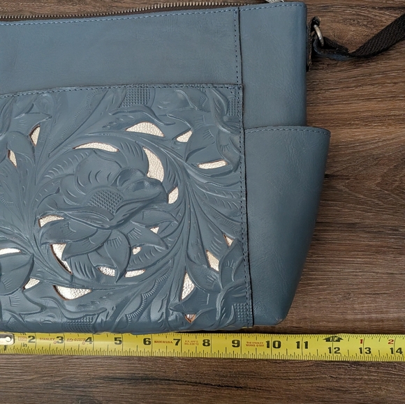 Patricia Nash Tooled Leather Crossbody – Dusty Blue Floral w/ Metallic - Picture 15 of 16